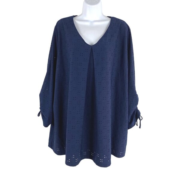 Catherines Top 2X Eyelet Blue Ruched 3/4 Sleeve Polyester Spandex CJ-1274 - Picture 3 of 9